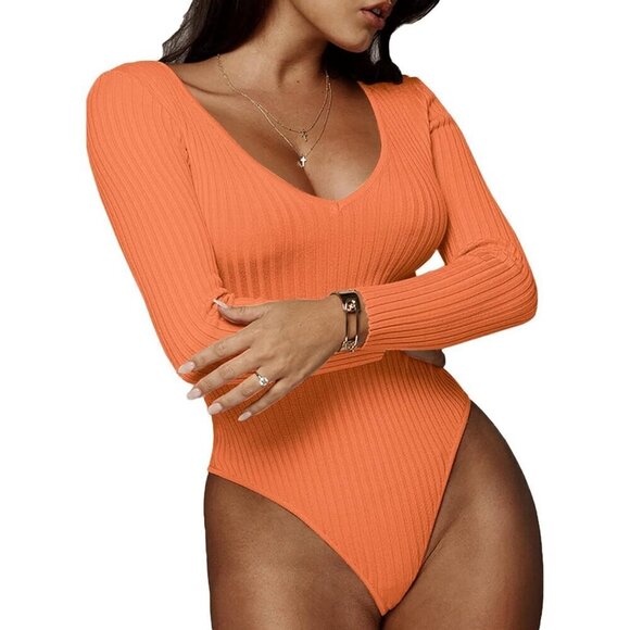 Long Sleeve Bodysuit Orange Sexy Fit Comfy Lightweight Layering Top Fall Winter - Picture 2 of 5